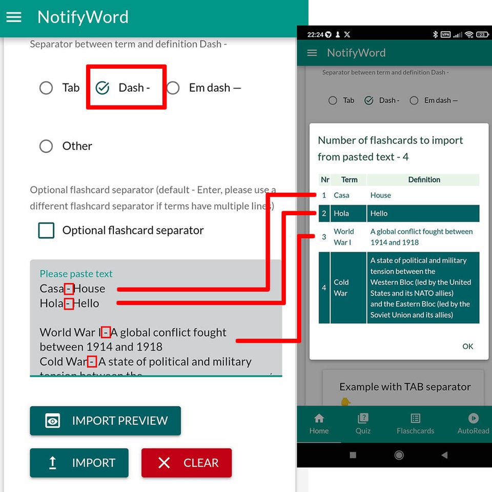 Pega las fichas de estudio generadas por inteligencia artificial en la aplicación de tarjetas de estudio