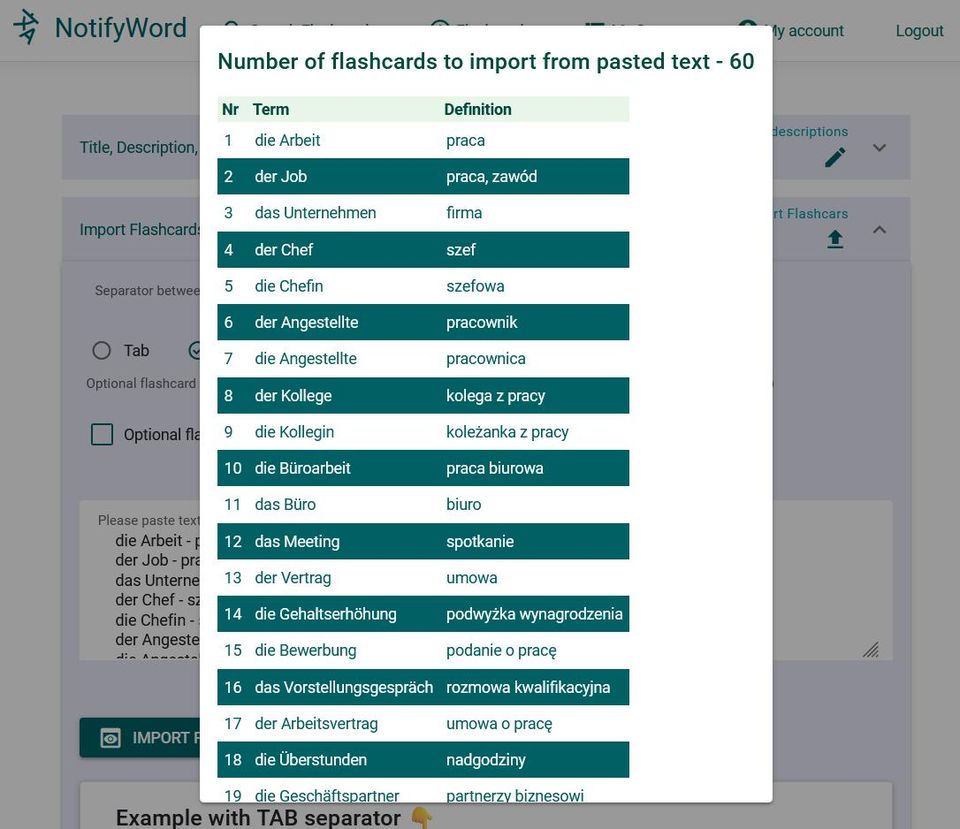  podgląd importu fiszek 