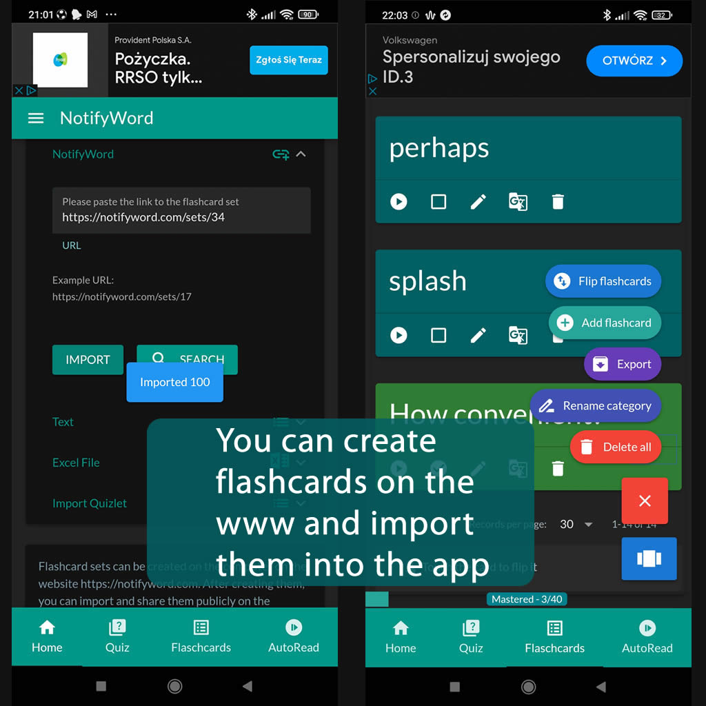 Flashcard import from www to app