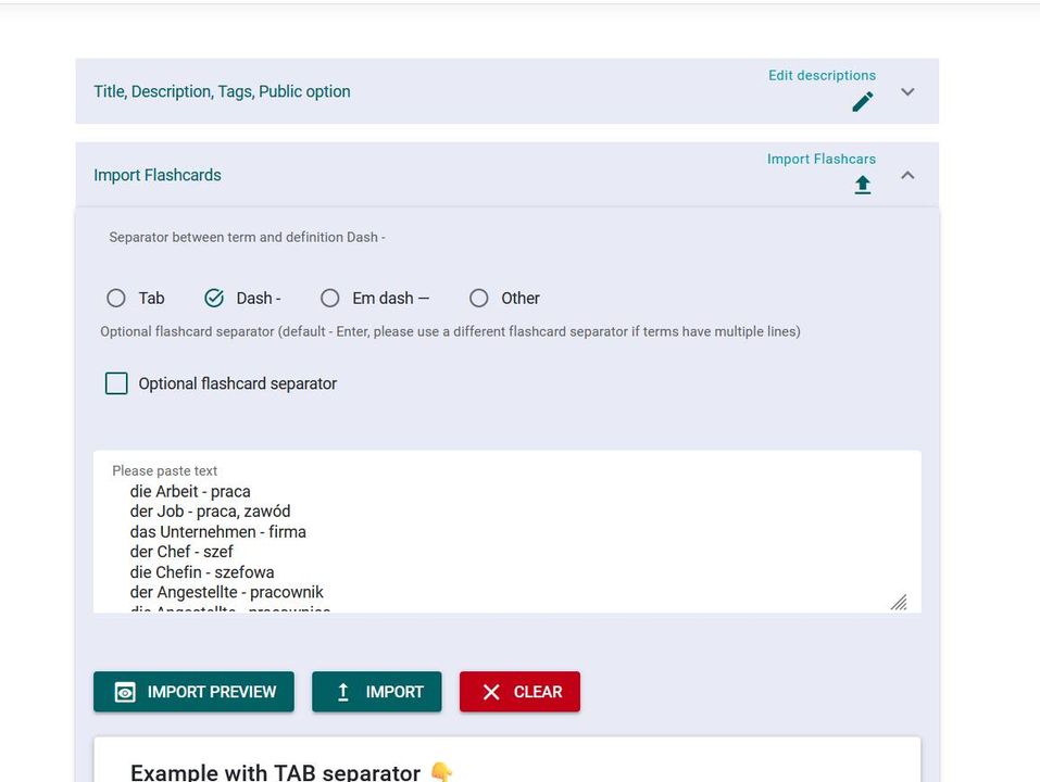 paste flashcards generated by artificial intelligence on the website